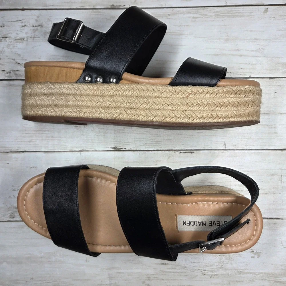 Steve Madden Fifer Platform Espadrille Sandal Women 9.5M Black Leather Studded